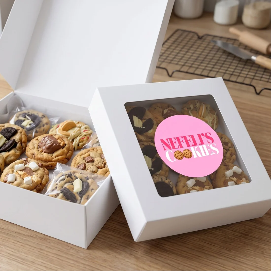 Boxes of a dozen Nefeli's cookies, packed and ready