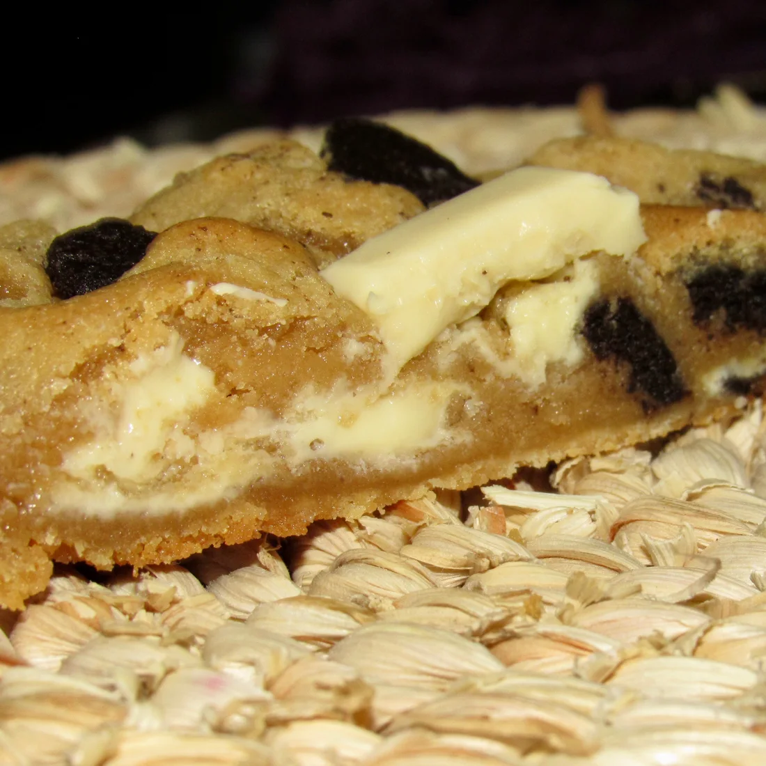 Extreme close-up of a gooey Cookies and Cream cookie