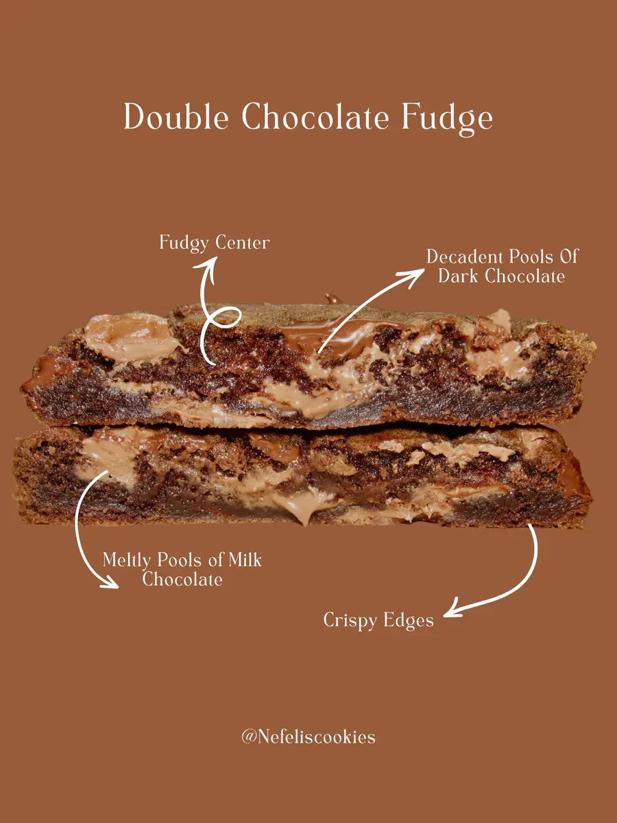 Double Chocolate Fudge cookie cut in half showing the fudgy centre
