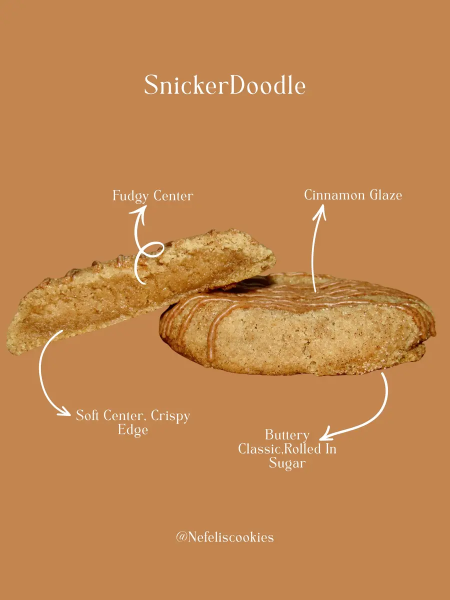 Snickerdoodle cookie broken open showing the soft centre and cinnamon glaze