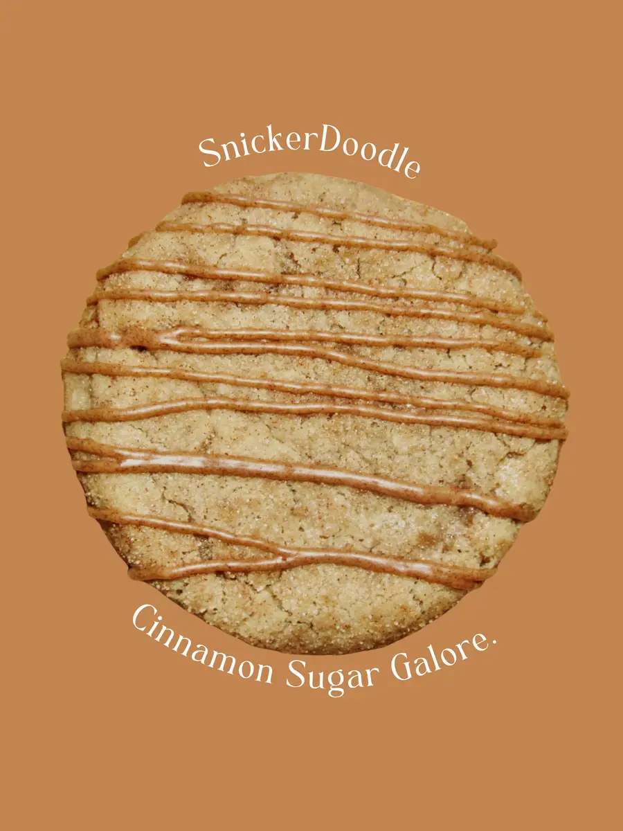 Snickerdoodle cookie with cinnamon glaze stripes
