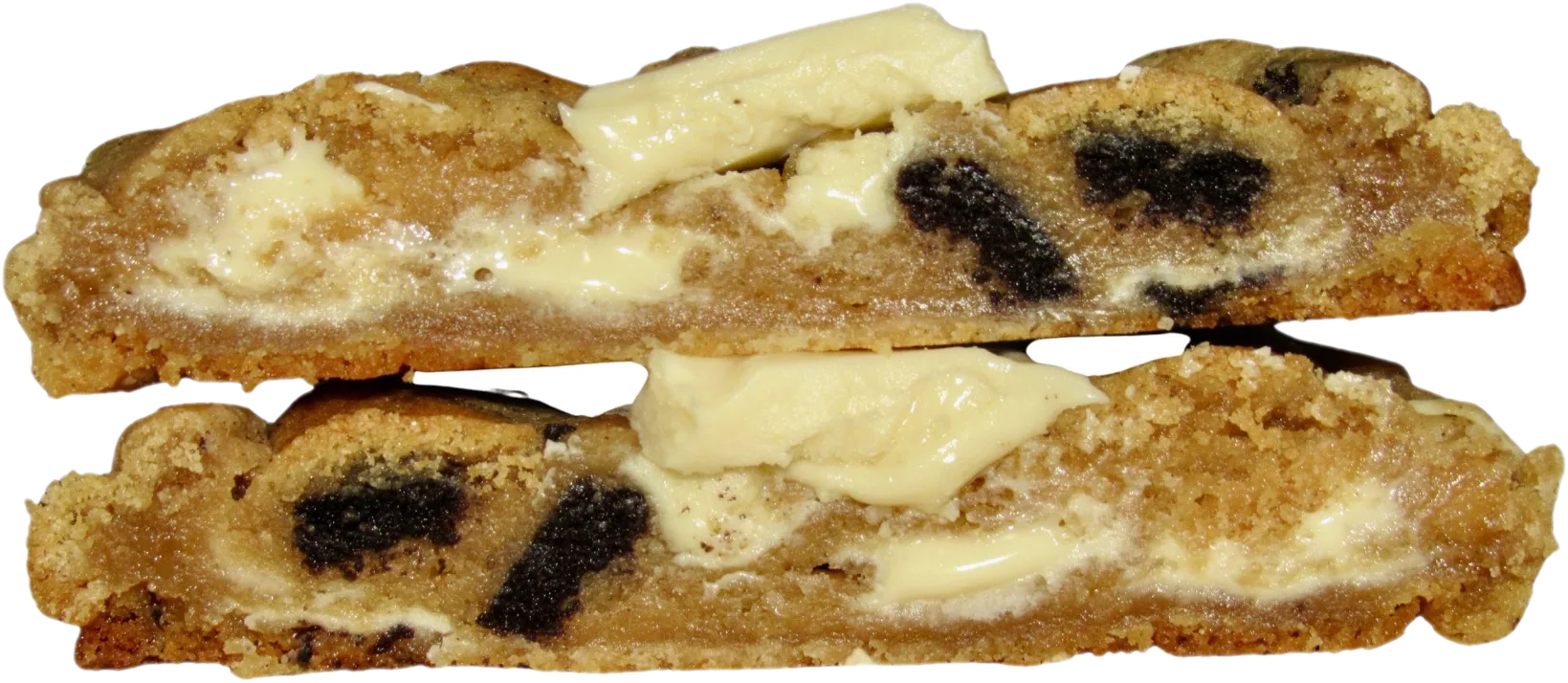 Cross-section of a gooey Cookies and Cream cookie