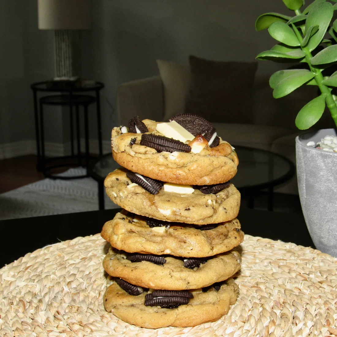 A tall stack of cookies on the coffee table